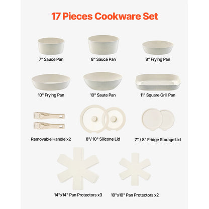 17 Piece  Pots and Pans Nonstick Detachable Handle Kitchen Space Saver Cooking Sets