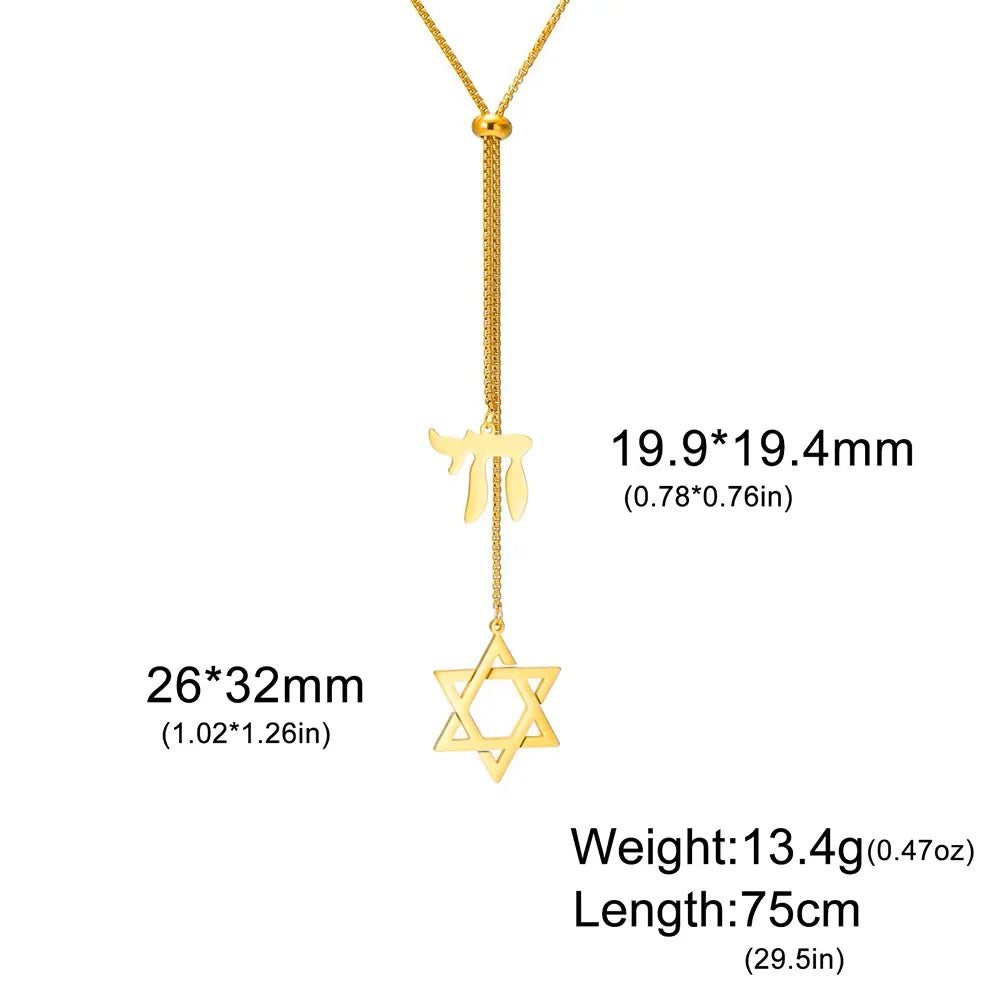 Long Stainless Steel Star of David and Chai Necklace