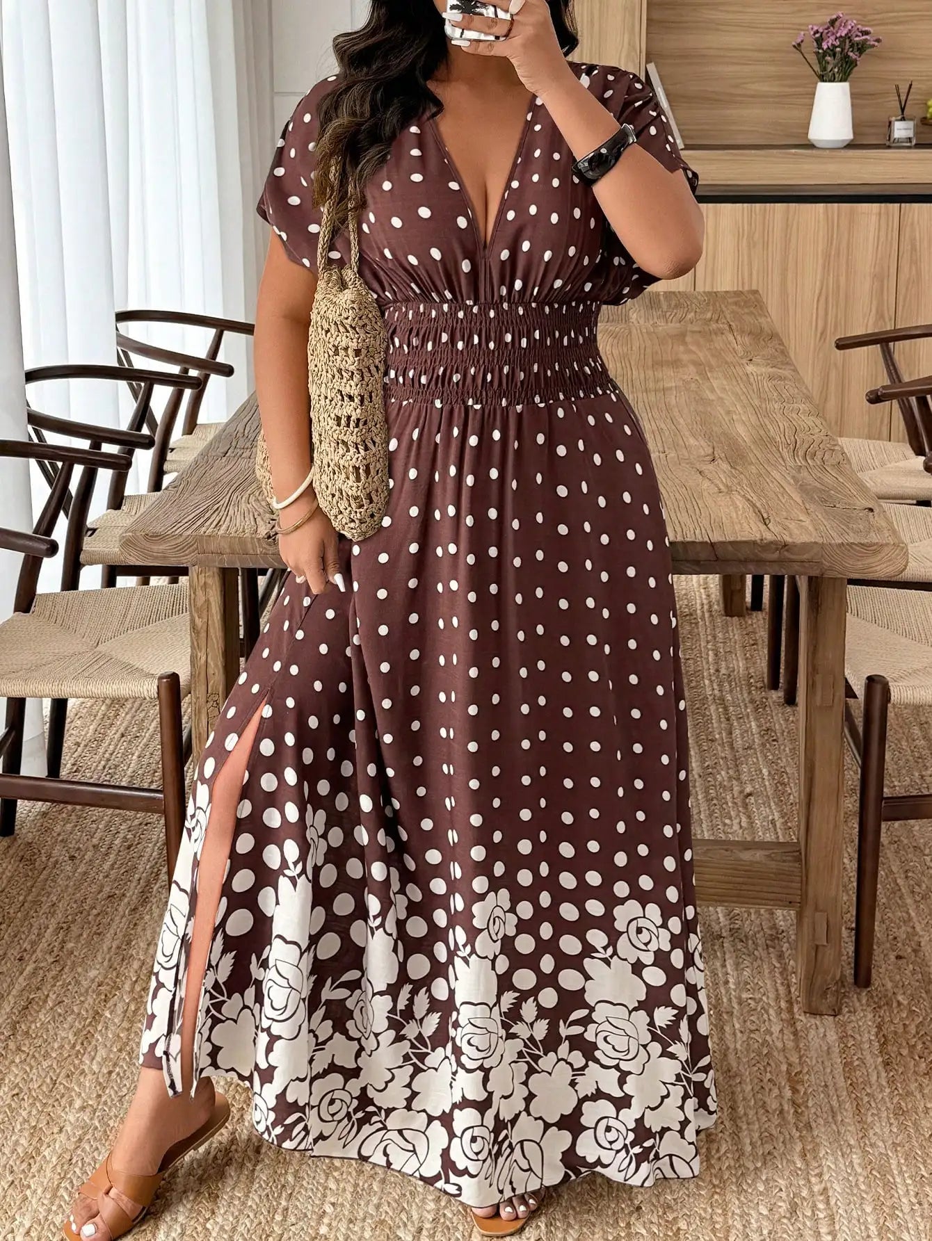 Plus Size Paisley Floral Print Deep Shirred Waist  Maxi Dress