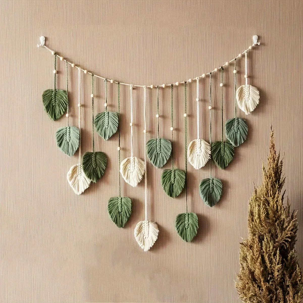 Modern,BOHO, Green Leaves Woven Wall Decor