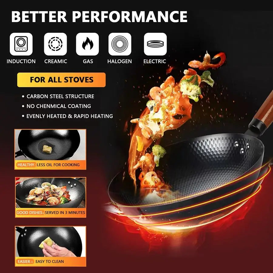 14 Piece Carbon Steel Wok  StirFry Pan Set with Wooden Lid