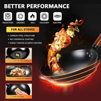 14 Piece Carbon Steel Wok  StirFry Pan Set with Wooden Lid