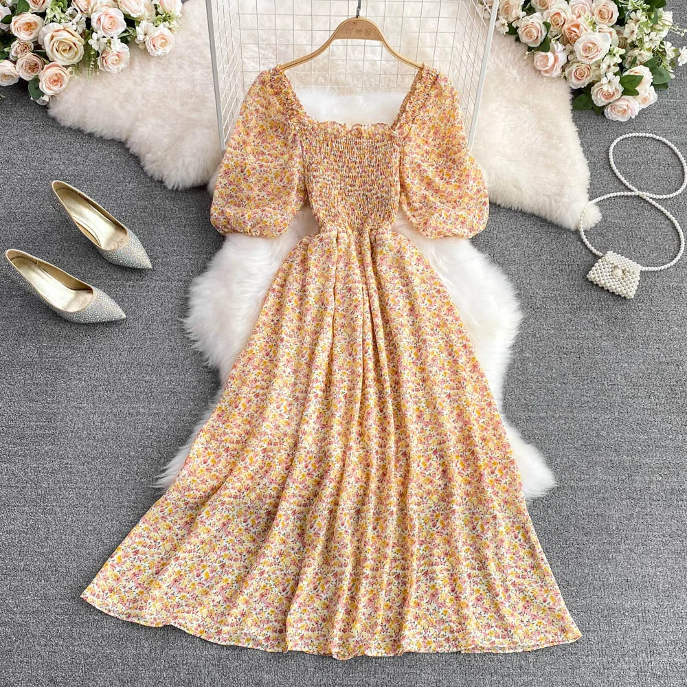 Floral Chiffon High Waist A-Line Square NeckLine Dress
