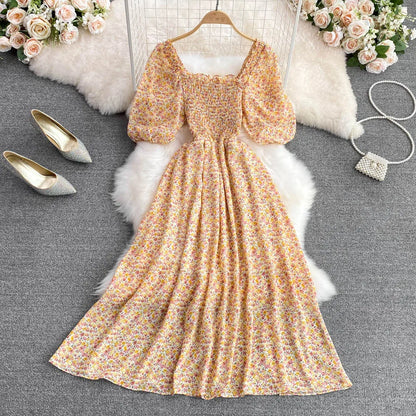 Floral Chiffon High Waist A-Line Square NeckLine Dress