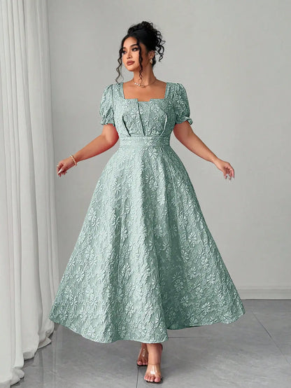 Mint Green Plus Size Floral Jacquard Maxi Dress Square Neckline, Puffed Sleeves, And Defined Waist