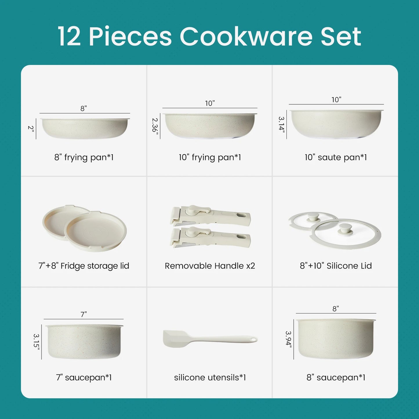 12 Pcs Induction Pots and Pans Nonstick Kitchen Cookware with Detachable Handle