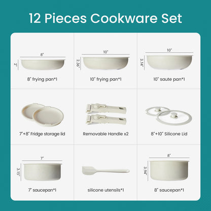 12 Pcs Induction Pots and Pans Nonstick Kitchen Cookware with Detachable Handle