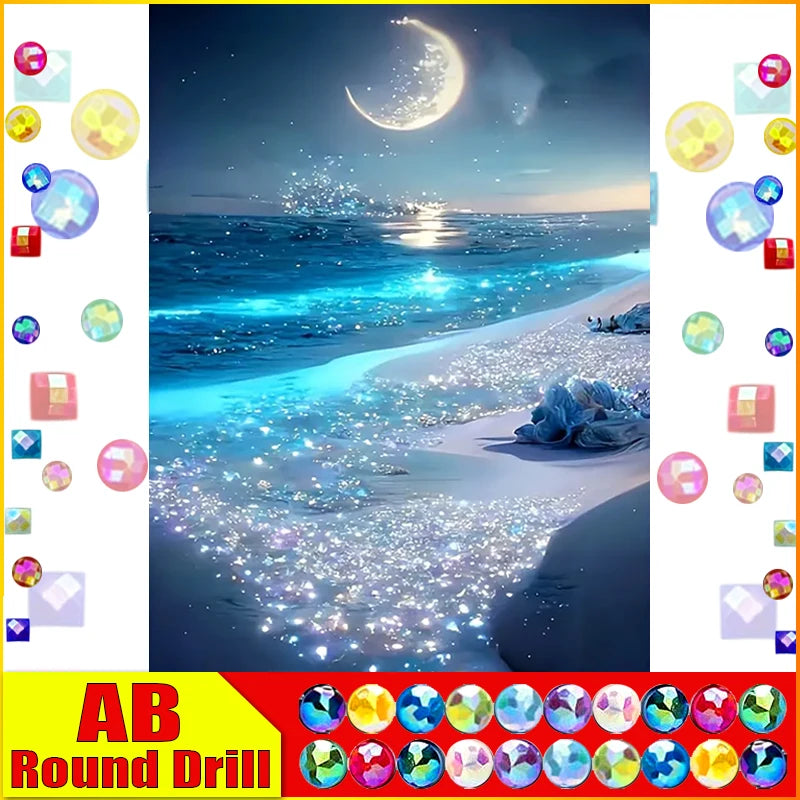 Fairy Dust AB Rhinestone Painting Crystal Decor Diy Diamond Painting "Scenery Beach Moon" 3D Pattern