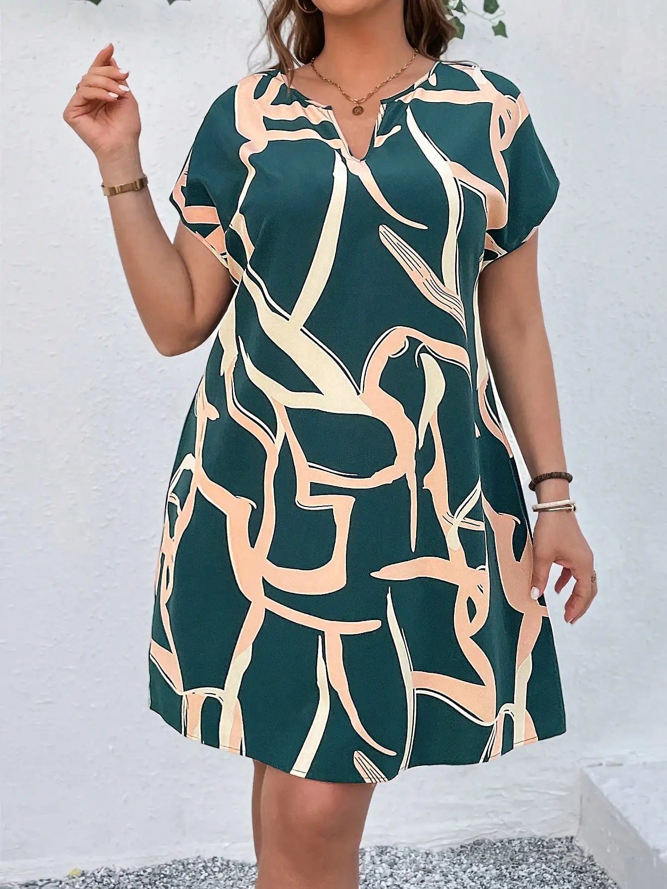 V Neck Batwing Sleeve Casual A-Line  Vintage Print Dress