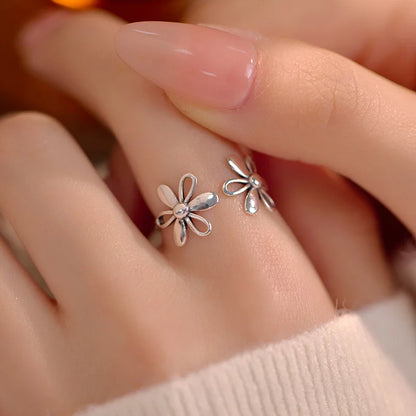 925 Sterling Silver Rings For Women Geometric Fine Jewelry Finger Adjustable Simple Vintage FLower Ring For Party Birthday Gift