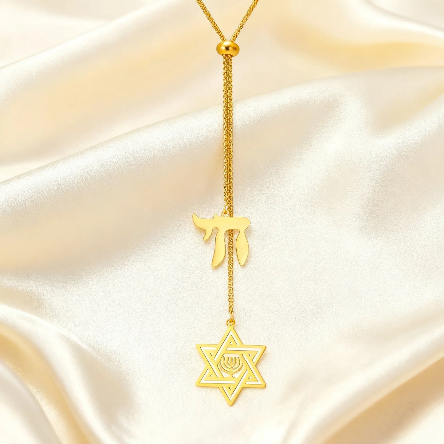 Long Stainless Steel Star of David and Chai Necklace