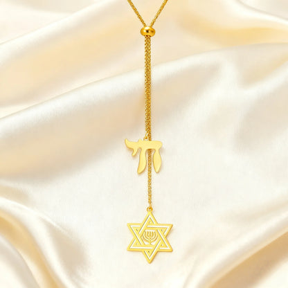 Long Stainless Steel Star of David and Chai Necklace