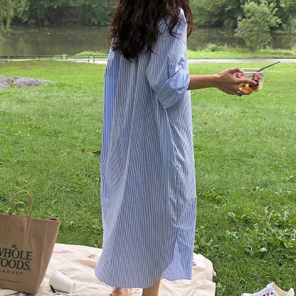 Striped Versatile Lapel Long Sleeved Dress