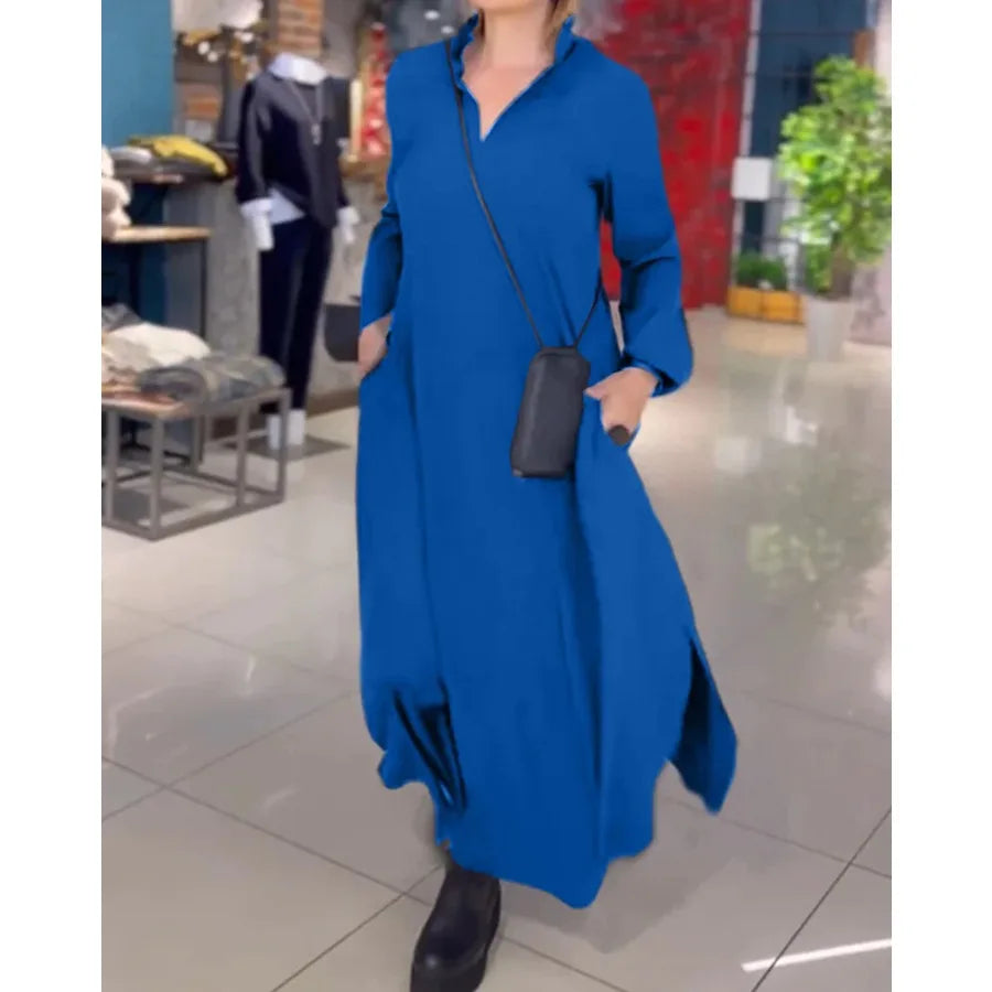 【New style】2026 autumn and winter loose solid color V-neck overhead long sleeve dress