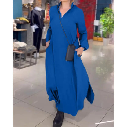 【New style】2026 autumn and winter loose solid color V-neck overhead long sleeve dress