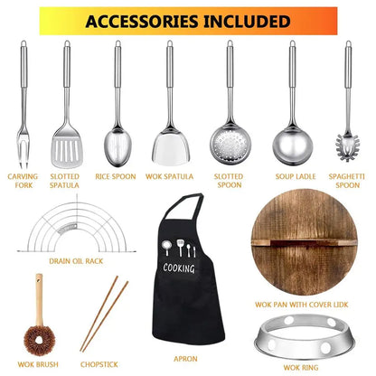14 Piece Carbon Steel Wok  StirFry Pan Set with Wooden Lid