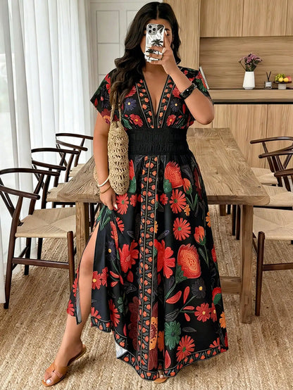 Plus Size Paisley Floral Print Deep Shirred Waist  Maxi Dress