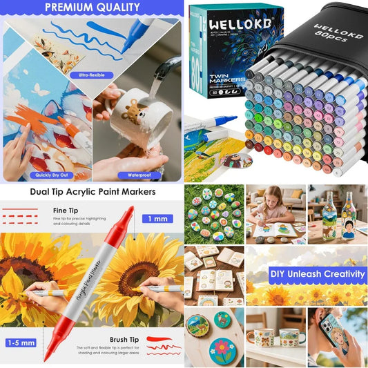 80 Colors Dual Tip Acrylic Paint Markers with Brush Tip