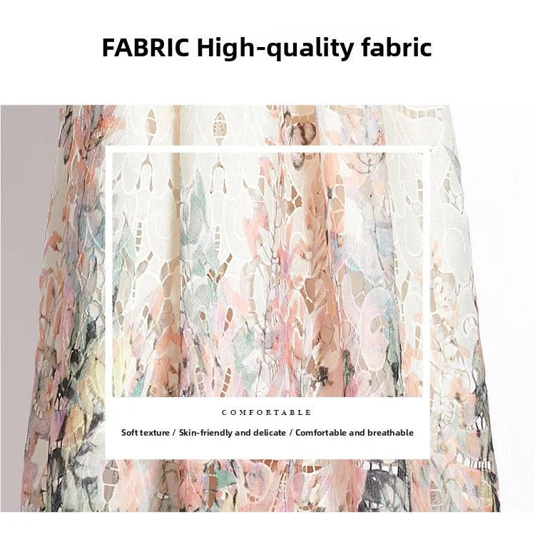 Lace Hollow out Print Midi Short-Sleeve A-Line Dress