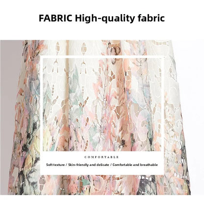 Lace Hollow out Print Midi Short-Sleeve A-Line Dress