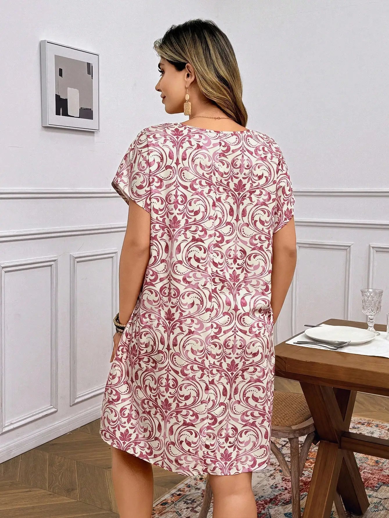 V Neck Batwing Sleeve Casual A-Line  Vintage Print Dress