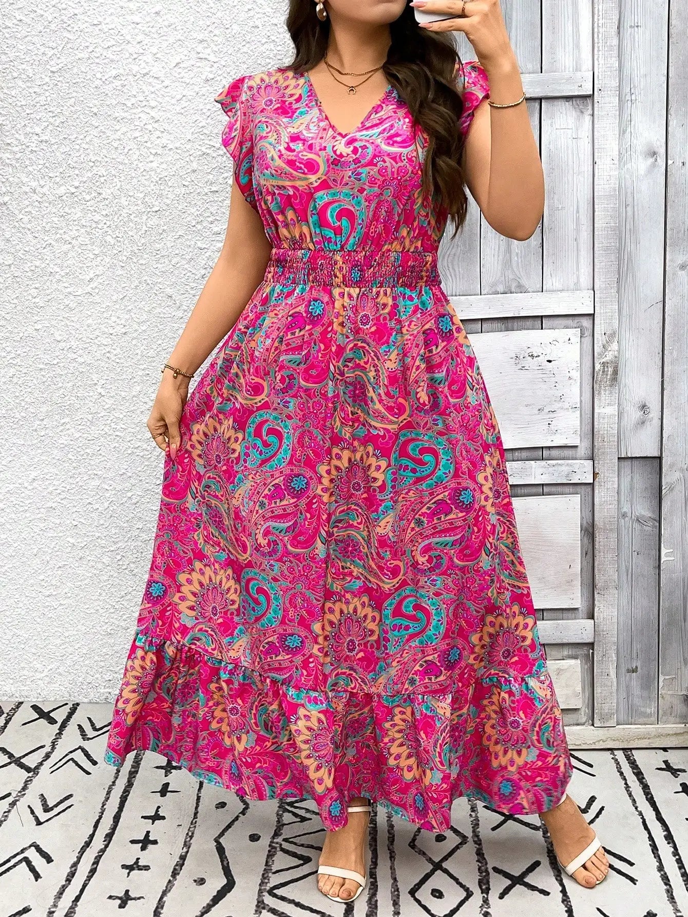 V-Neck Paisley Print Maxi Dress with Ruffle Sleeves and Tiered Skirt