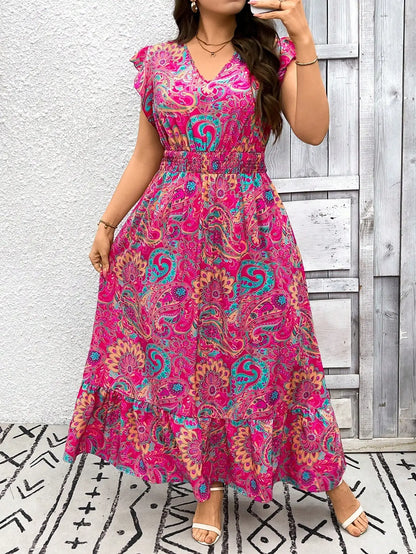V-Neck Paisley Print Maxi Dress with Ruffle Sleeves and Tiered Skirt