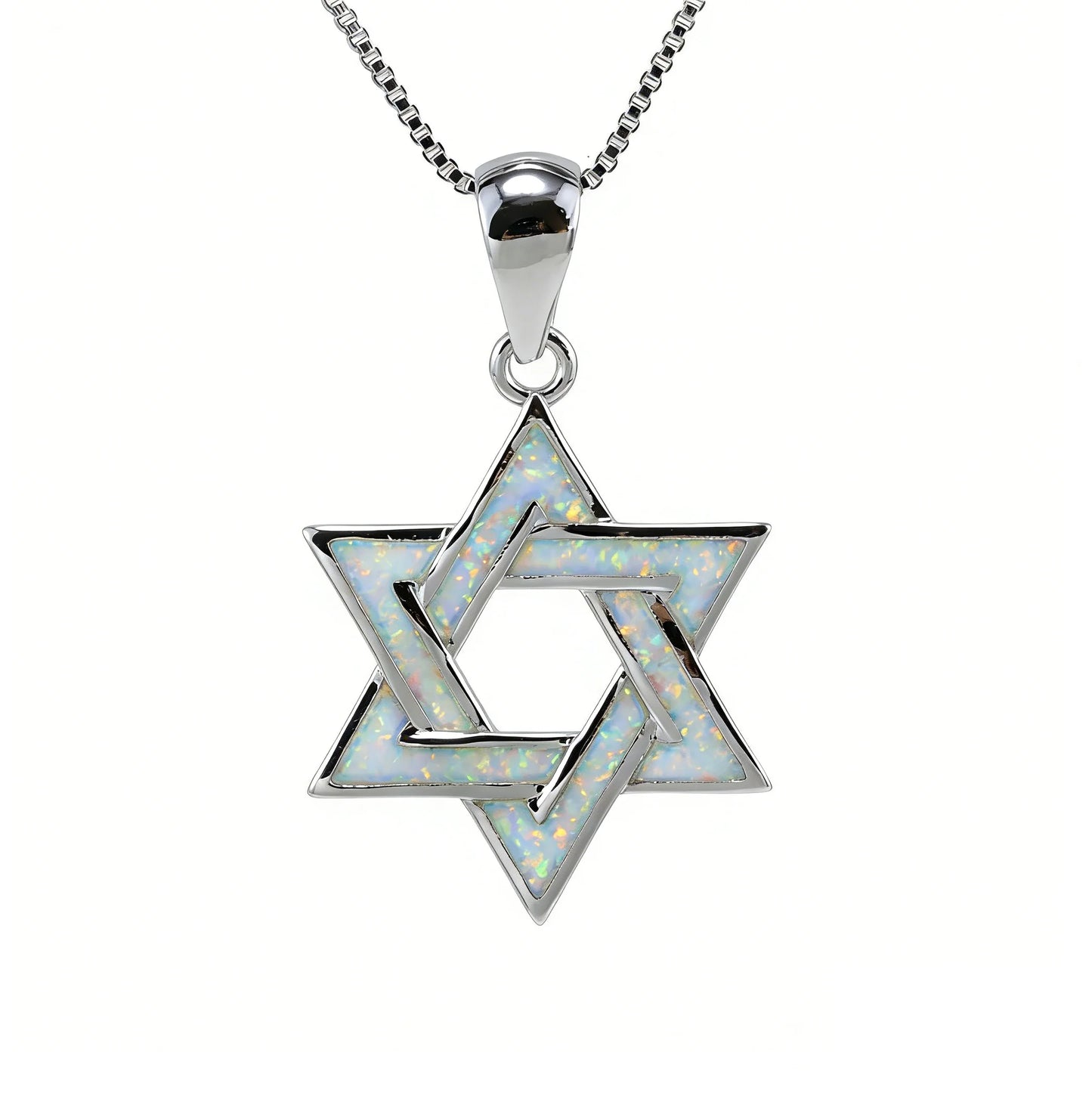 Judaic Blue Fire Opal Star of David Pendant Necklace,White K Plated