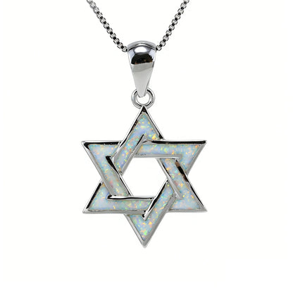 Judaic Blue Fire Opal Star of David Pendant Necklace,White K Plated