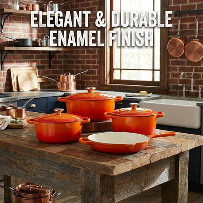Enameled Cast Iron Cookware Set 4-Piece, 3 Round Dutch Ovens & 1 Skillet: 8 Inch (2Qt), 9 Inch (3Qt), 9.5 Inch (4Qt) & 10 Inch  Pan