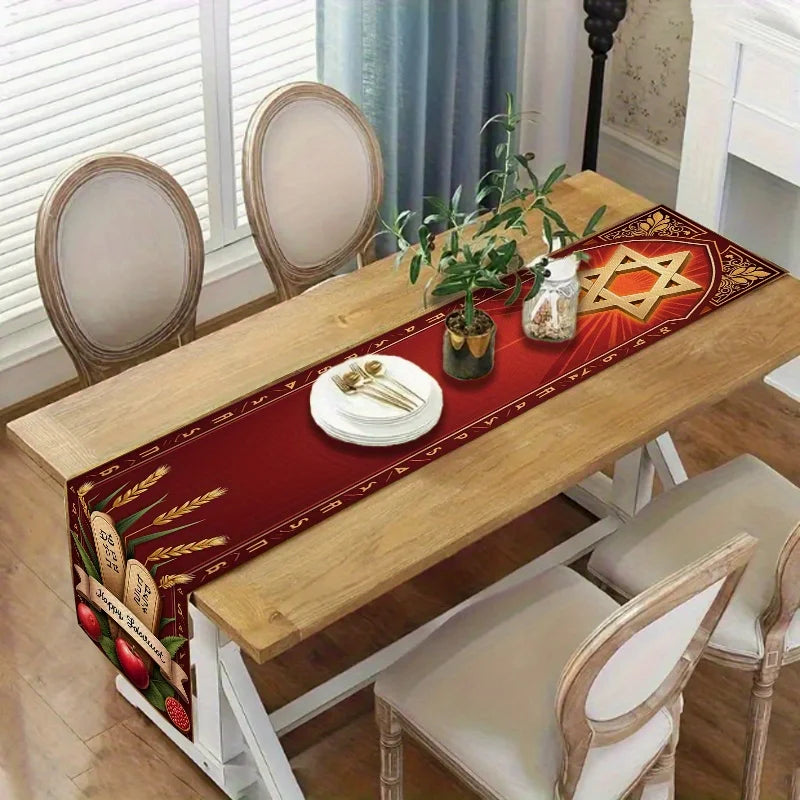Happy Shavuot Star of David Torah Tablets Pattern  Kitchen Dining Table Runner
