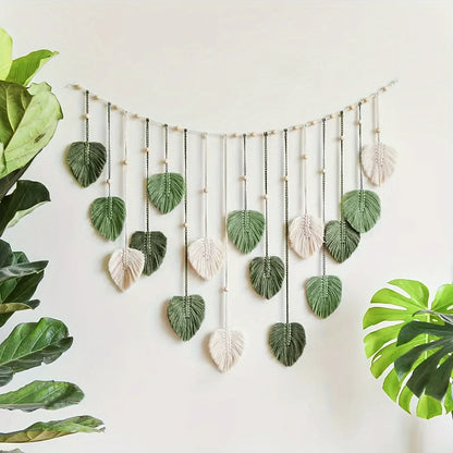 Modern,BOHO, Green Leaves Woven Wall Decor