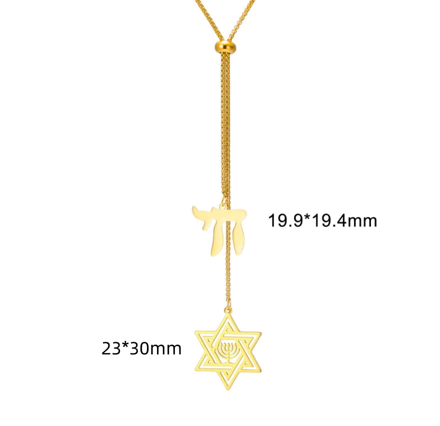Long Stainless Steel Star of David and Chai Necklace