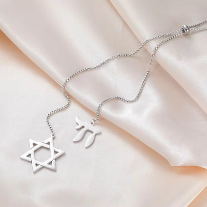 Long Stainless Steel Star of David and Chai Necklace