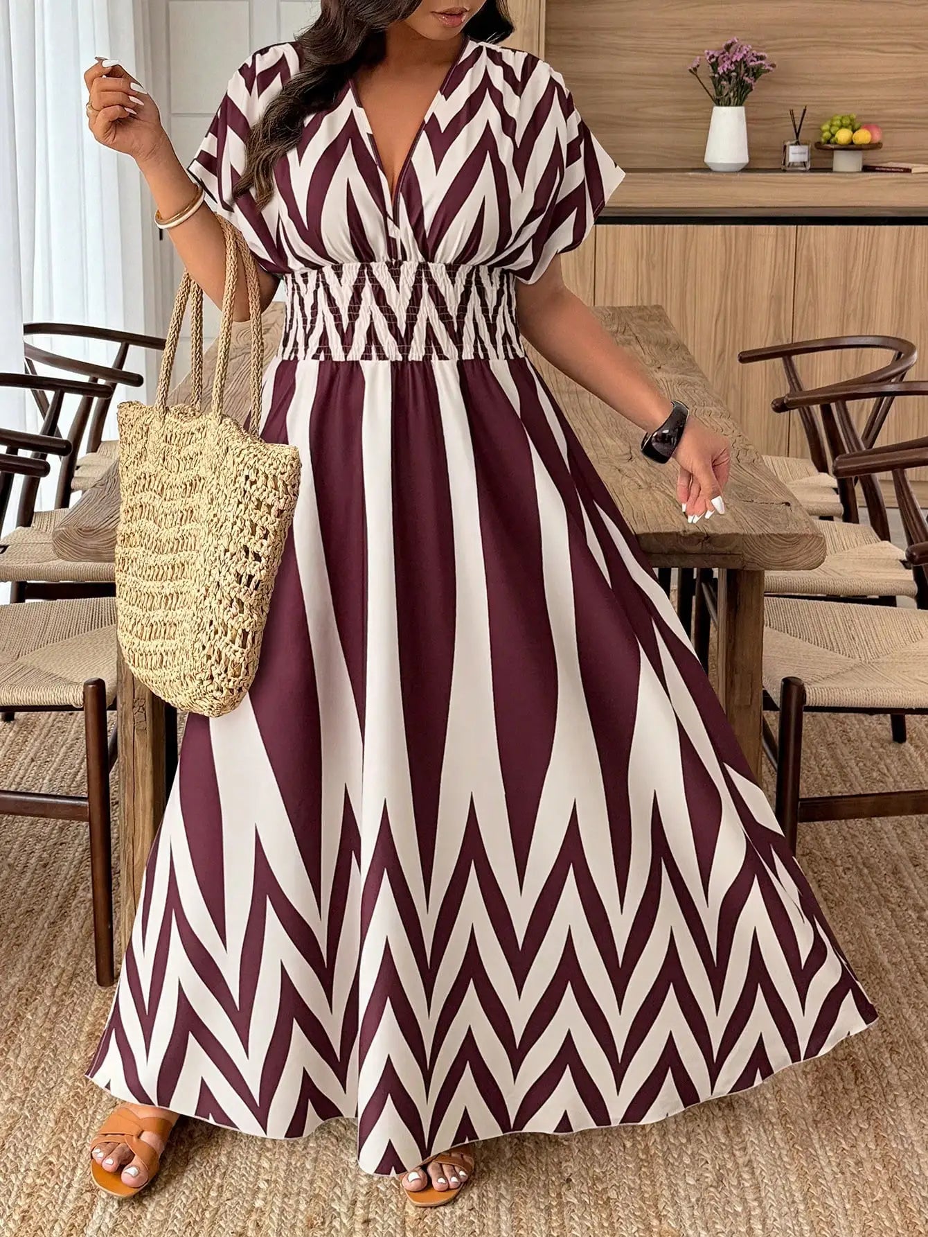 Plus Size Paisley Floral Print Deep Shirred Waist  Maxi Dress