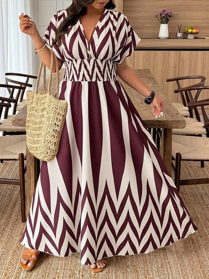 Plus Size Paisley Floral Print Deep Shirred Waist  Maxi Dress