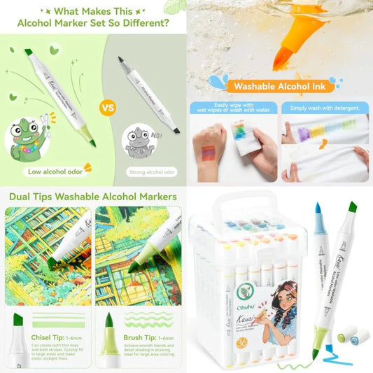 Washable Alcohol Markers Low-odor: Brush Chisel Dual Tips Washable 36 Colors