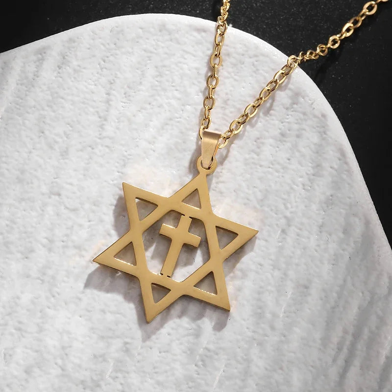 Stainless Steel Hamsa Hands of Fatima Hebrew Blessing Star of David Necklace