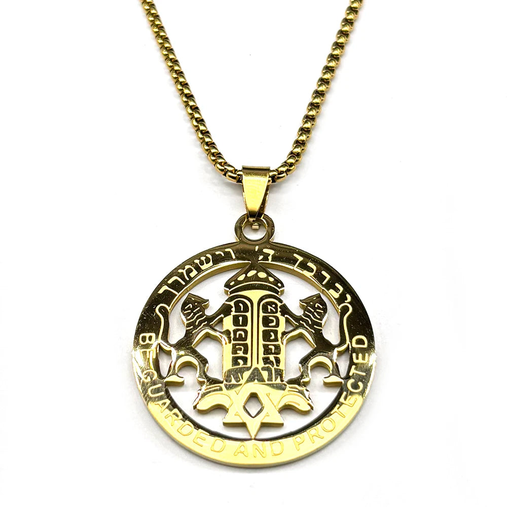 Judaica Star of David under Hebrew Ark of the Covenant with Lions of Judah on a Stainless Steel Pendant Necklace