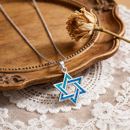 Judaic Blue Fire Opal Star of David Pendant Necklace,White K Plated