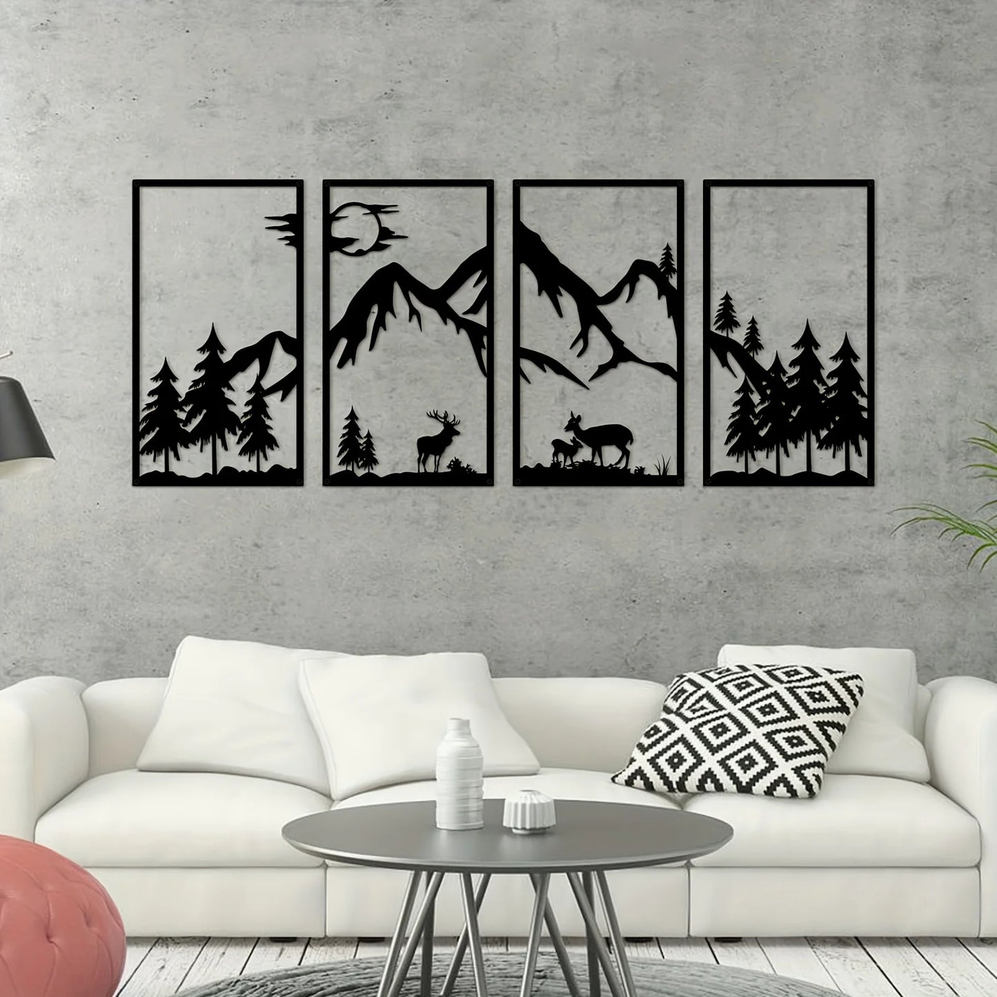 4 pieces mountain scene Black line wall decorations,