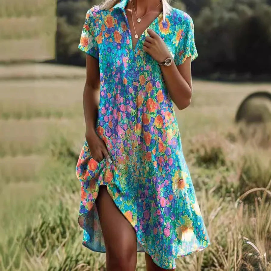 Bohemian round collar short-sleeved long dress
