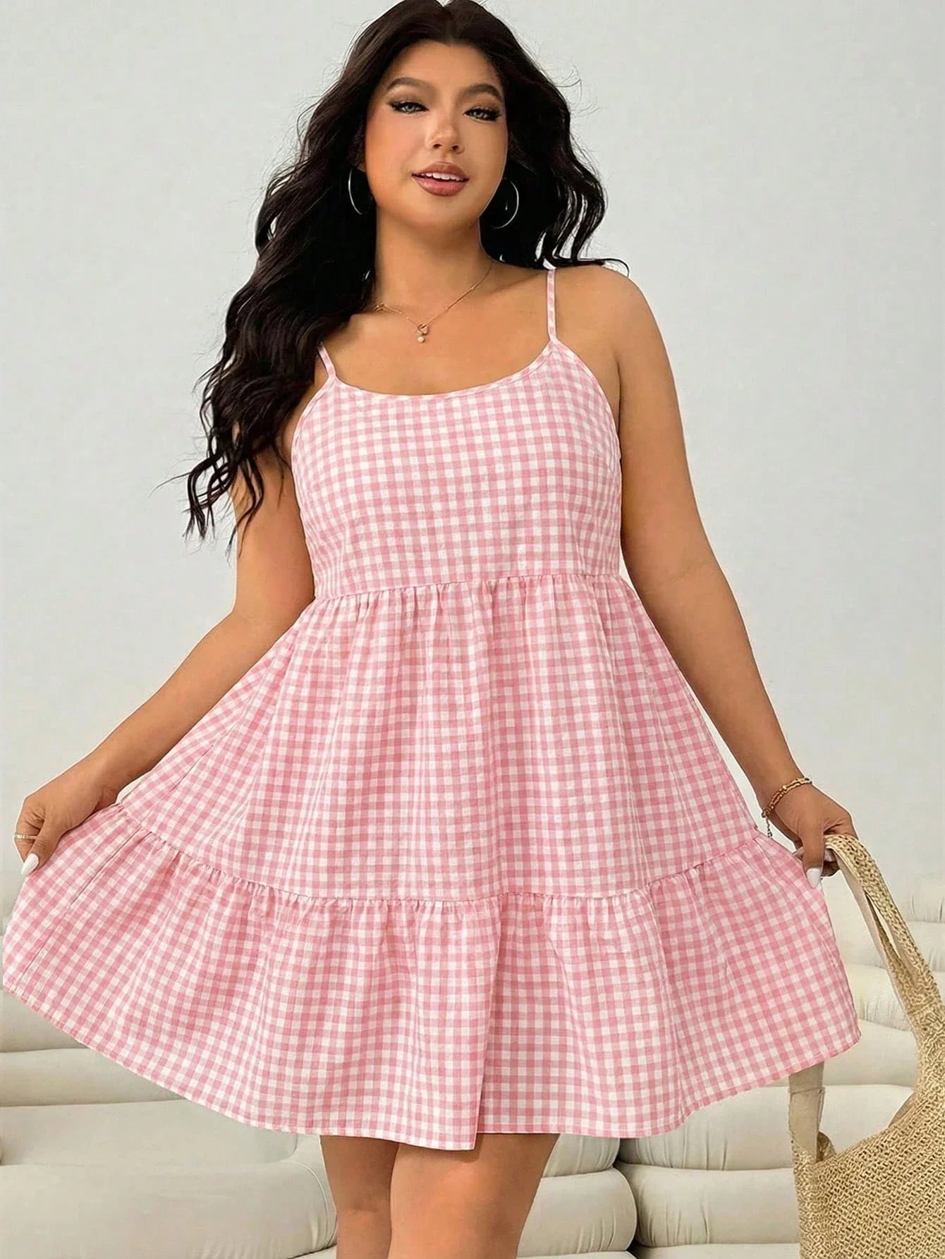 Plus Size Pink Gingham Cami  Spaghetti Strap Ruffle Hem  Sundress