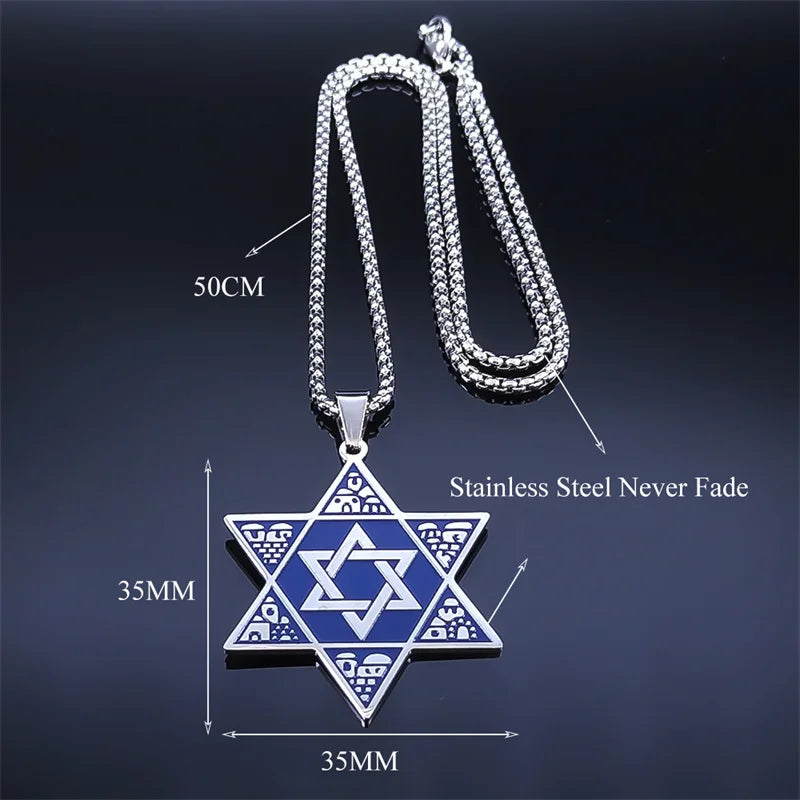 Judaica Blue Color Stainless Steel Star of David Shield Necklaces