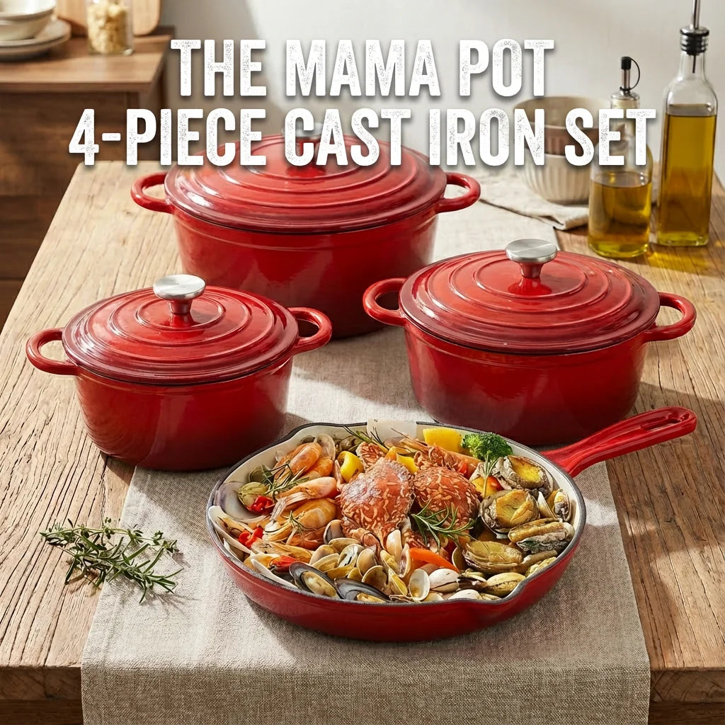 Enameled Cast Iron Cookware Set 4-Piece, 3 Round Dutch Ovens & 1 Skillet: 8 Inch (2Qt), 9 Inch (3Qt), 9.5 Inch (4Qt) & 10 Inch  Pan