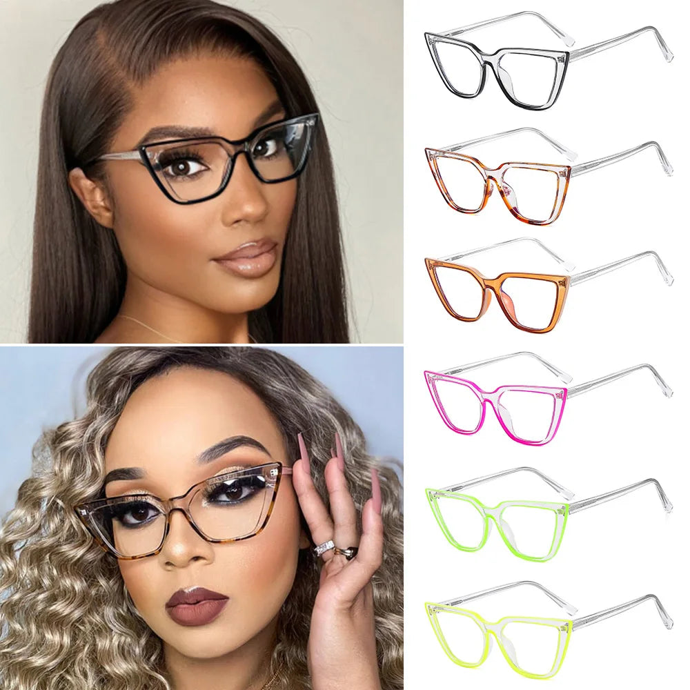 Eyeglasses Anti Blue Light Computer Myopia Transparent Neon Green Cat Eye Nearsighted Vision Points Minus 0~-6.0