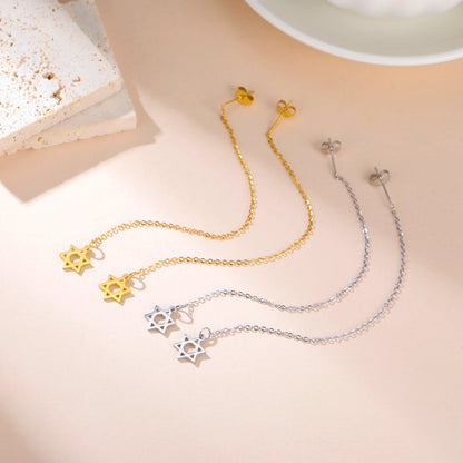 Star of David Pendant Long Tassel Stainless Steel Gold Earring