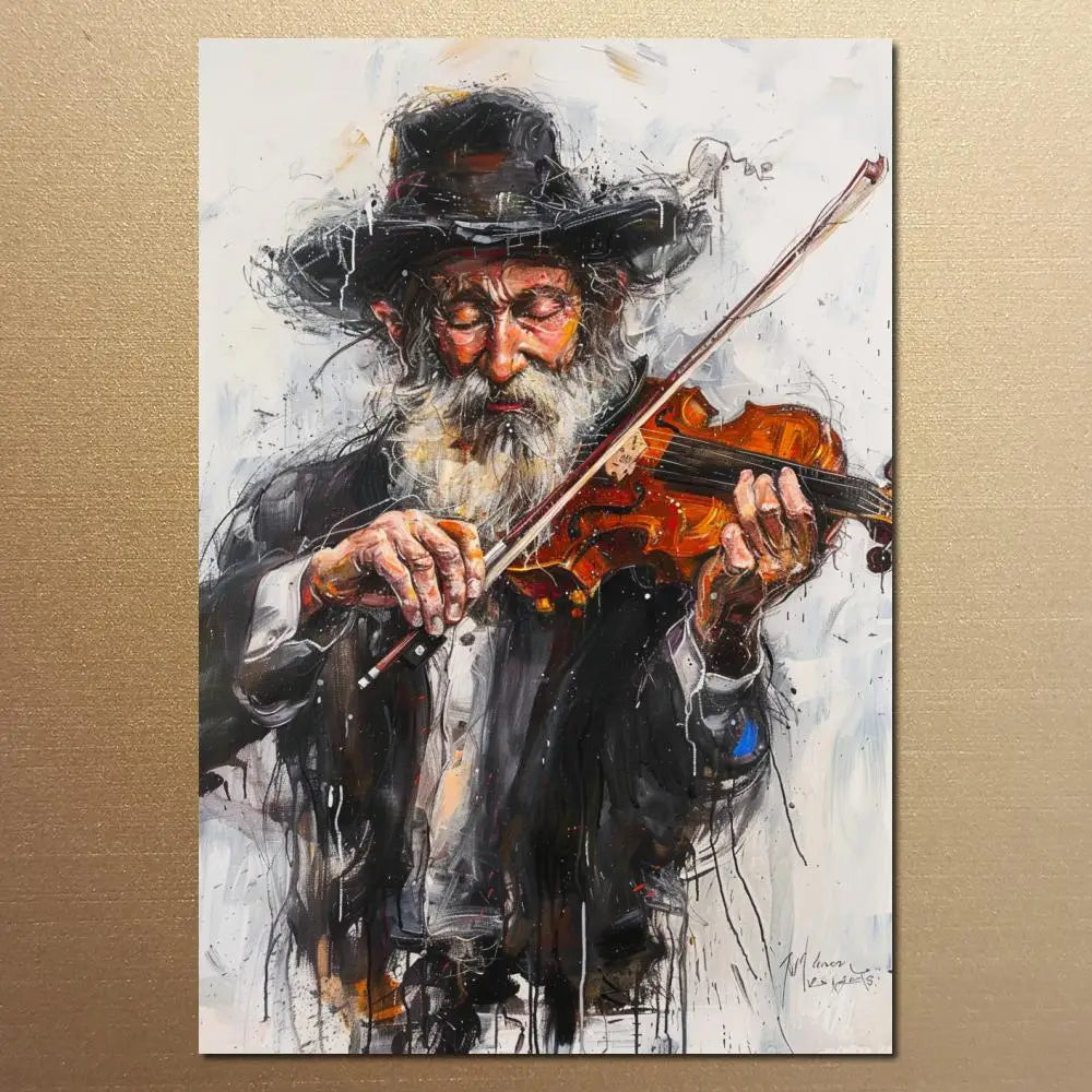Jewish Chasidic Man Playing Musicial Instrument on Printed Canvas Large Art