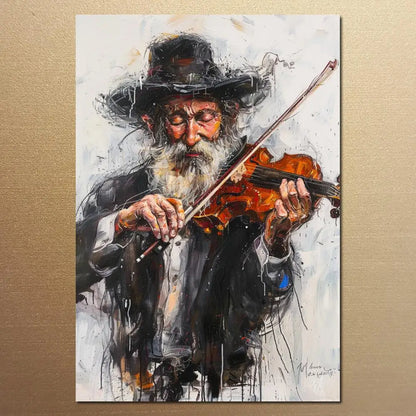Jewish Chasidic Man Playing Musicial Instrument on Printed Canvas Large Art