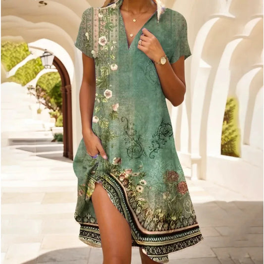 Bohemian round collar short-sleeved long dress